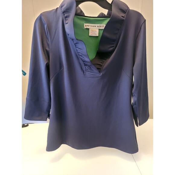 Gretchen Scott Women's Small Ruffle Neck 3/4 Sleeve Stretchy Top Navy Casual - Picture 1 of 13
